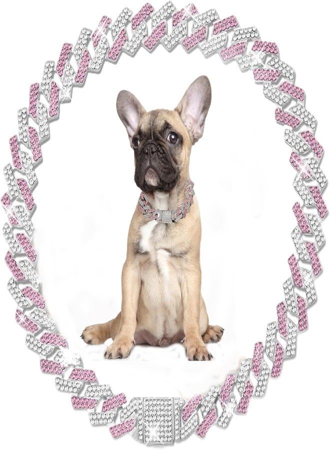 Weimostar Silver Pink Cuban Link Dog Collar, Bling Chain Dog Collar Girl Diamond Rhinestone Sparkly Jewelry Metal Puppy Chain Necklace for XS Small Medium Large Female Pets Cats 12 Inch - Image 1